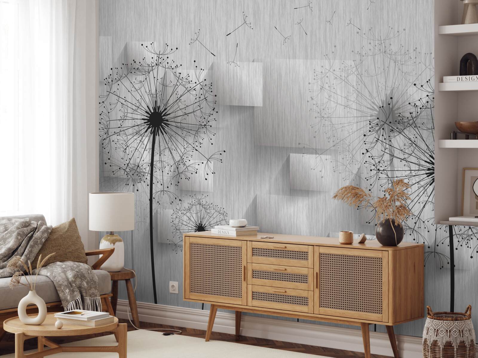 Fototapet păpădii pe un fundal de forme geometrice care formează pătrate