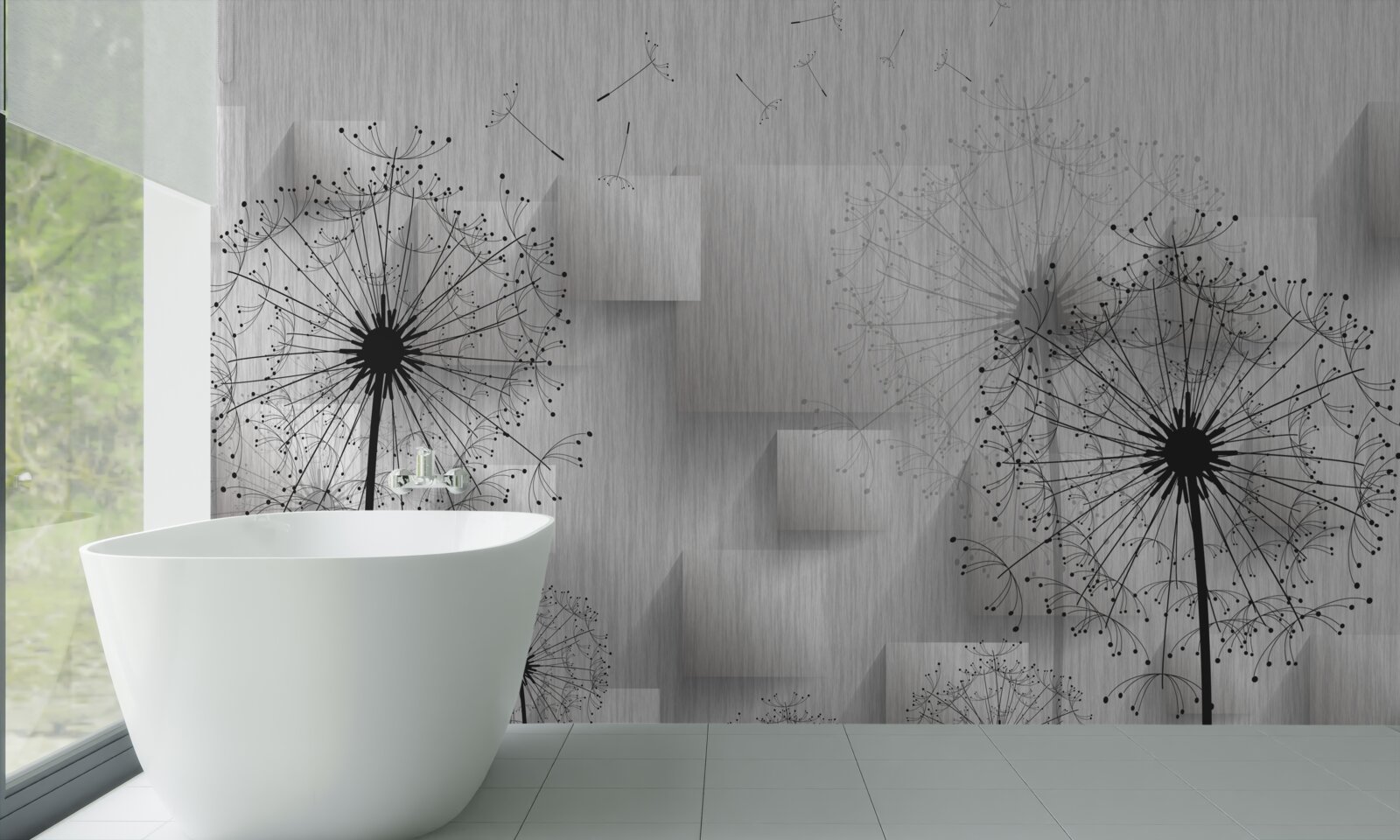 Fototapet păpădii pe un fundal de forme geometrice care formează pătrate