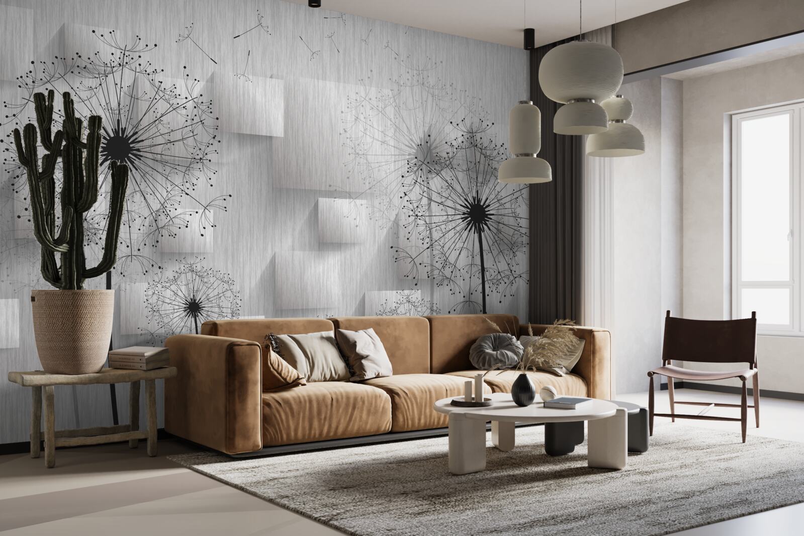 Fototapet păpădii pe un fundal de forme geometrice care formează pătrate