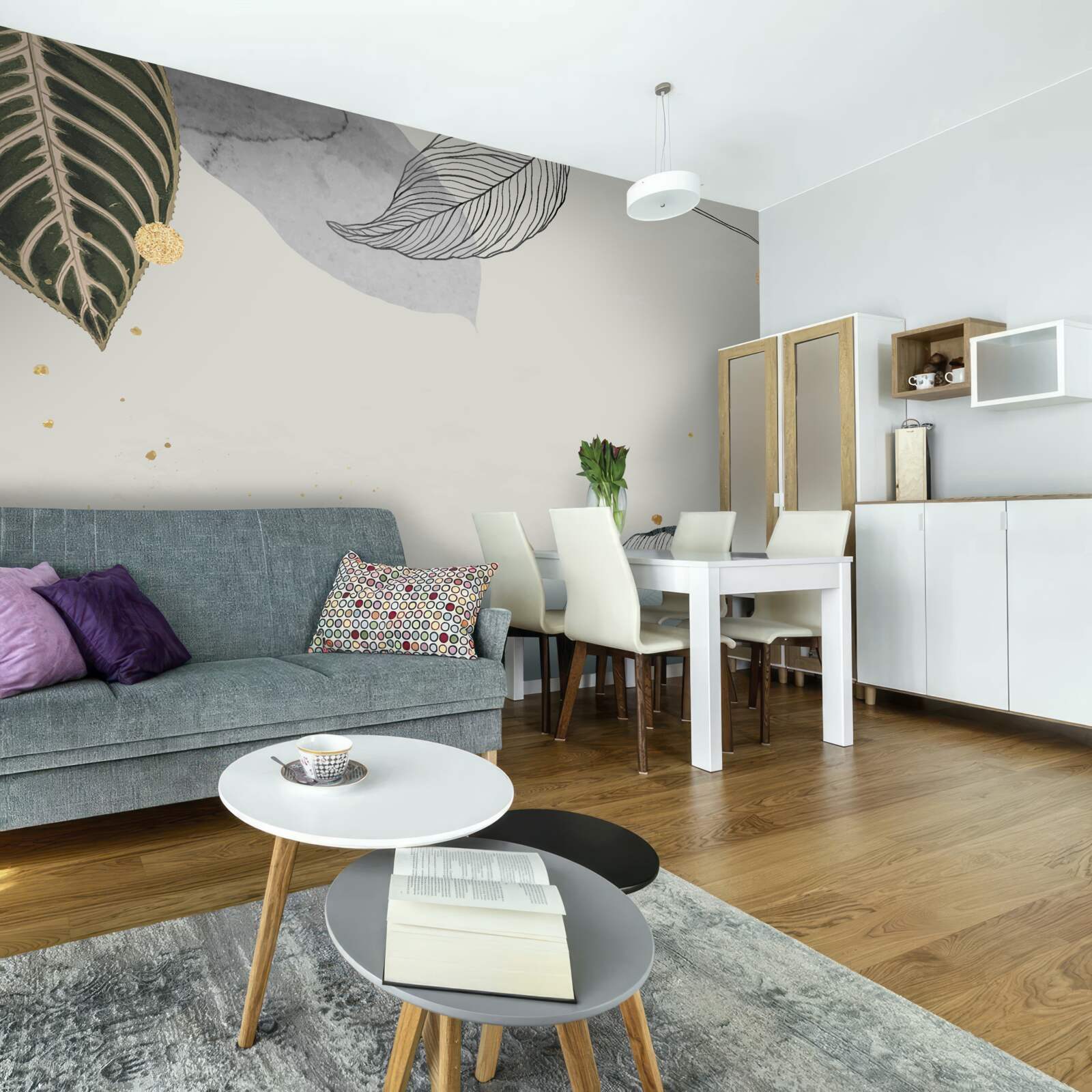 Fototapet frunze tropicale mari pe un fundal gri