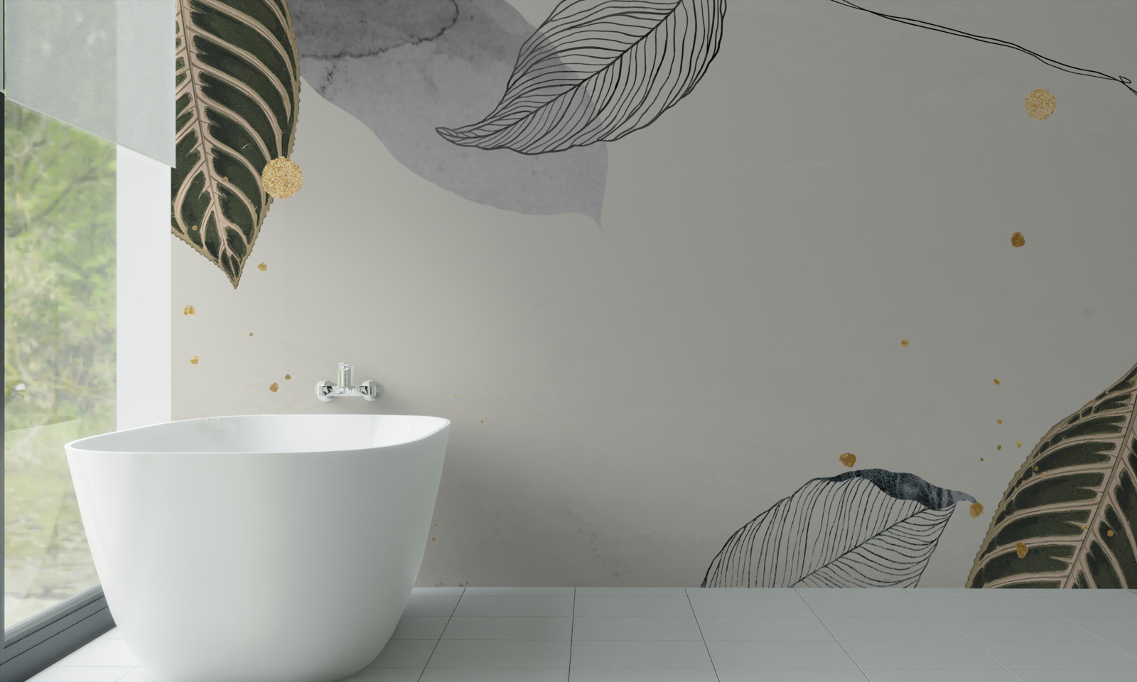 Fototapet frunze tropicale mari pe un fundal gri