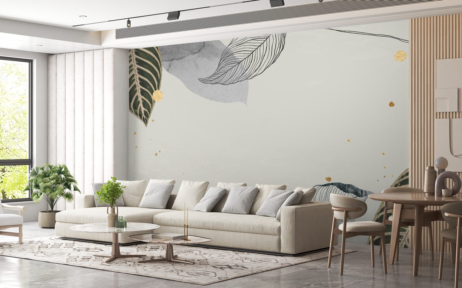 Fototapet frunze tropicale mari pe un fundal gri