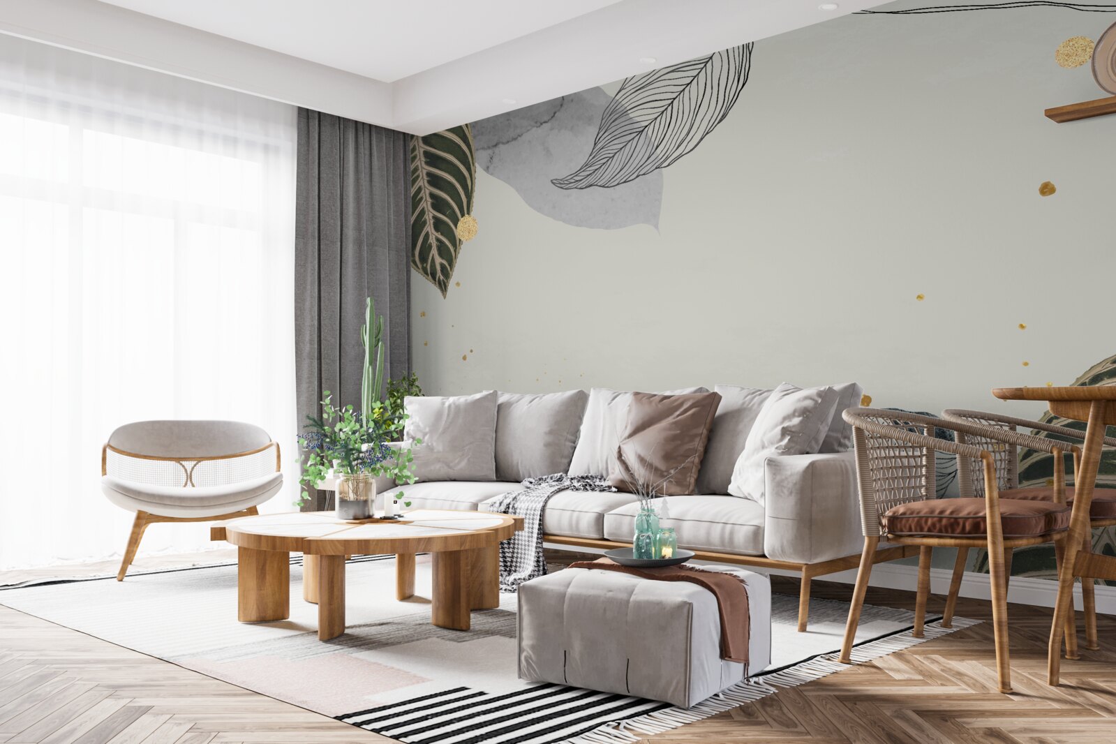 Fototapet frunze tropicale mari pe un fundal gri