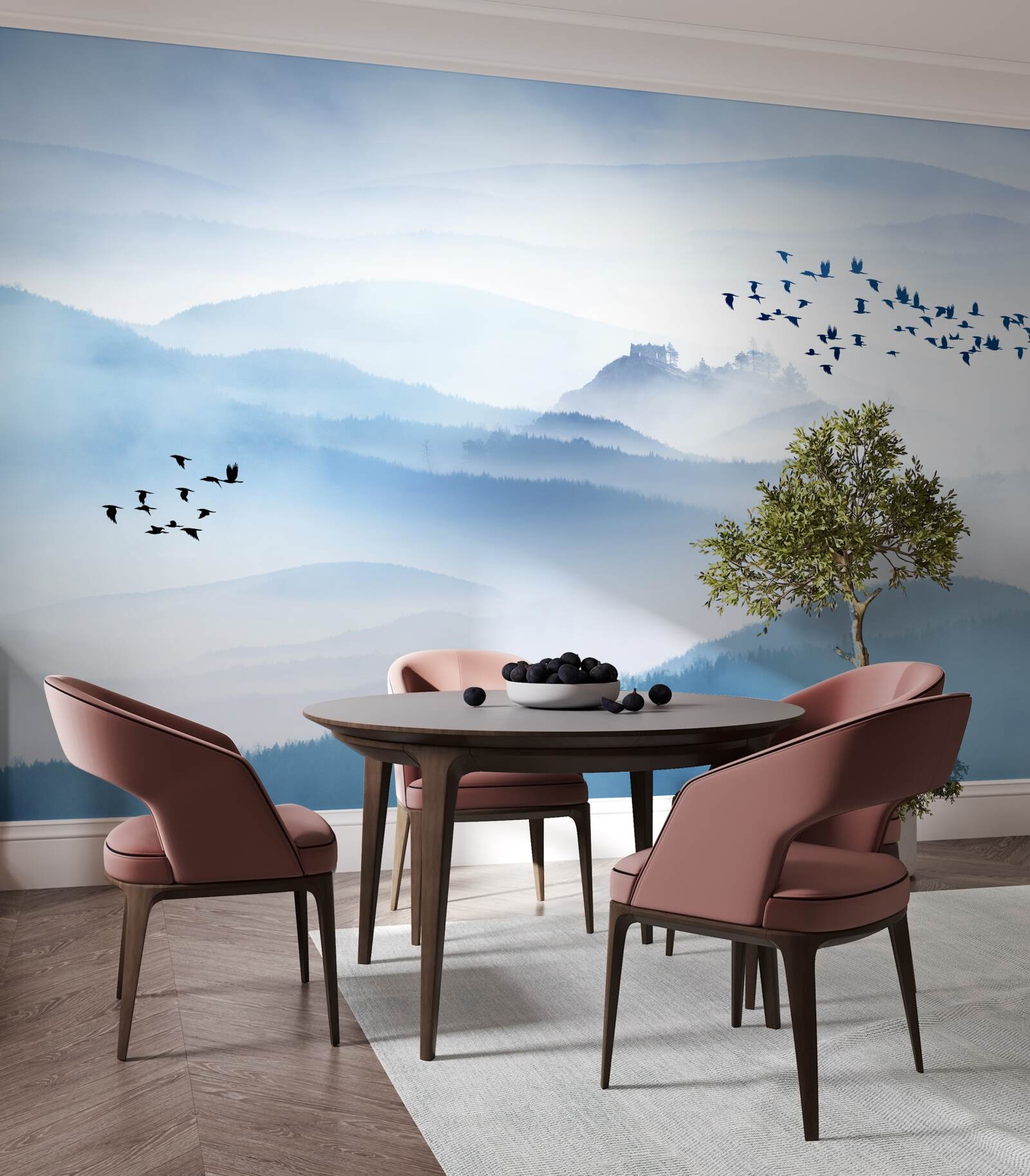 Fototapet grupuri de păsări se ridică deasupra vârfurilor cețoase