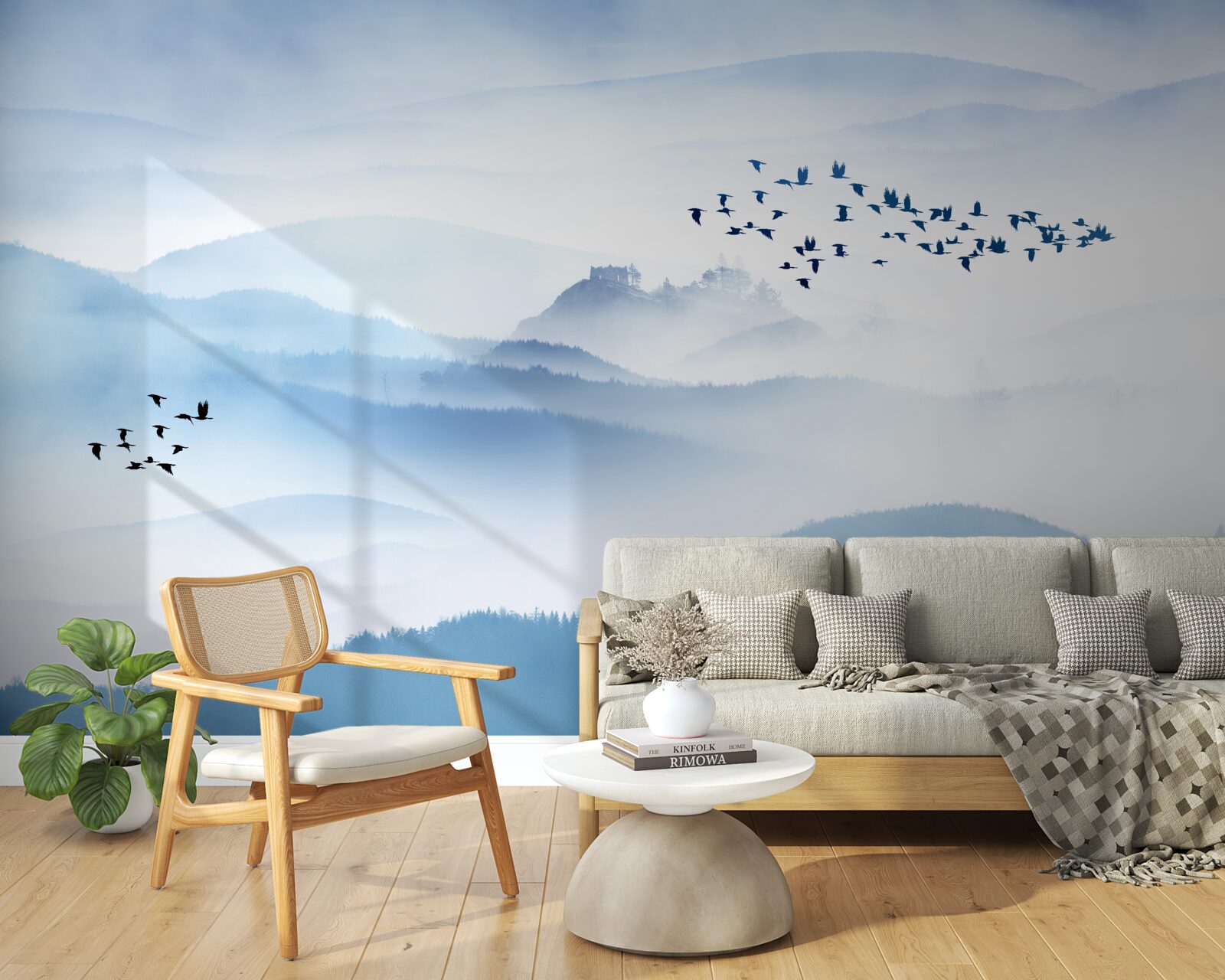 Fototapet grupuri de păsări se ridică deasupra vârfurilor cețoase