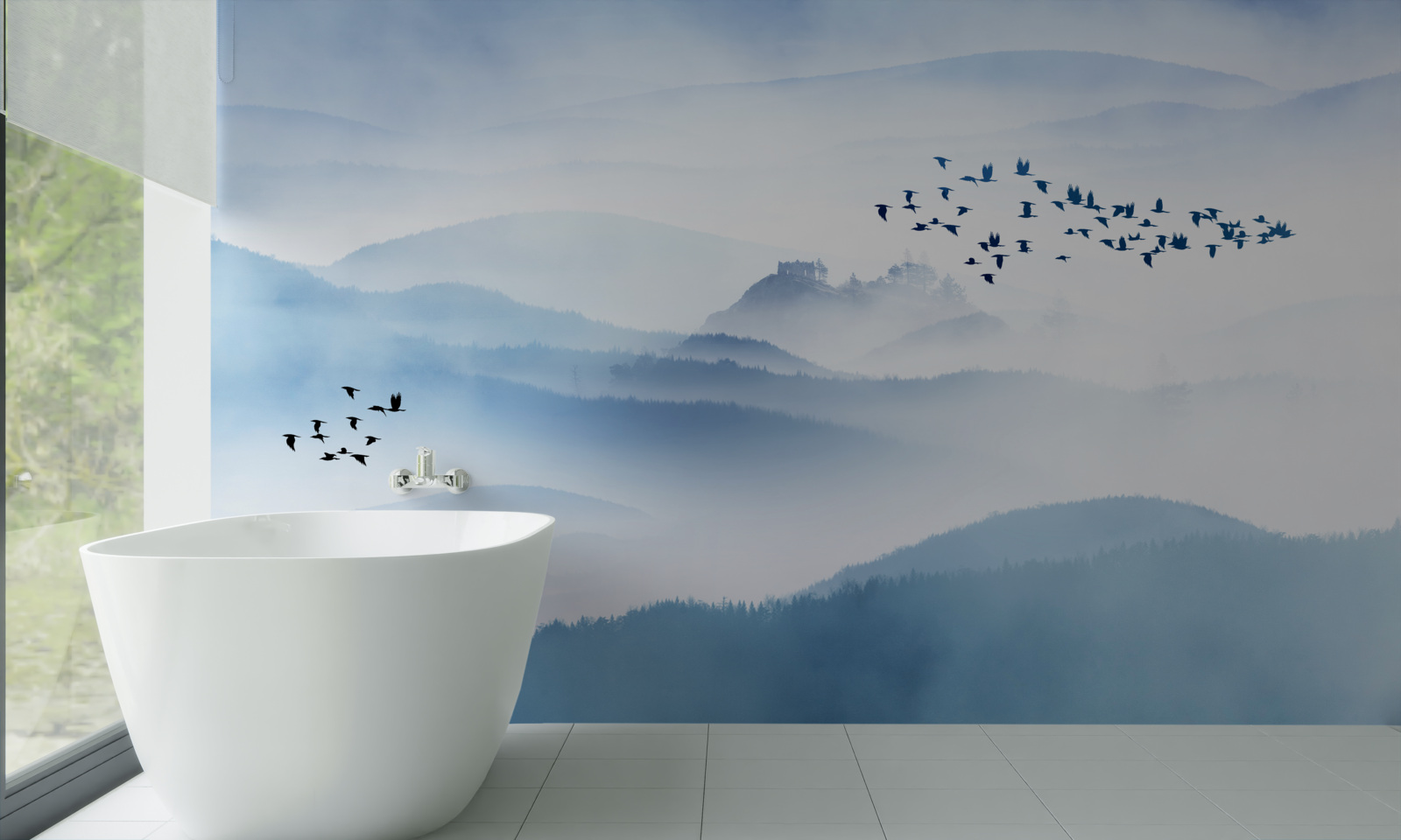 Fototapet grupuri de păsări se ridică deasupra vârfurilor cețoase