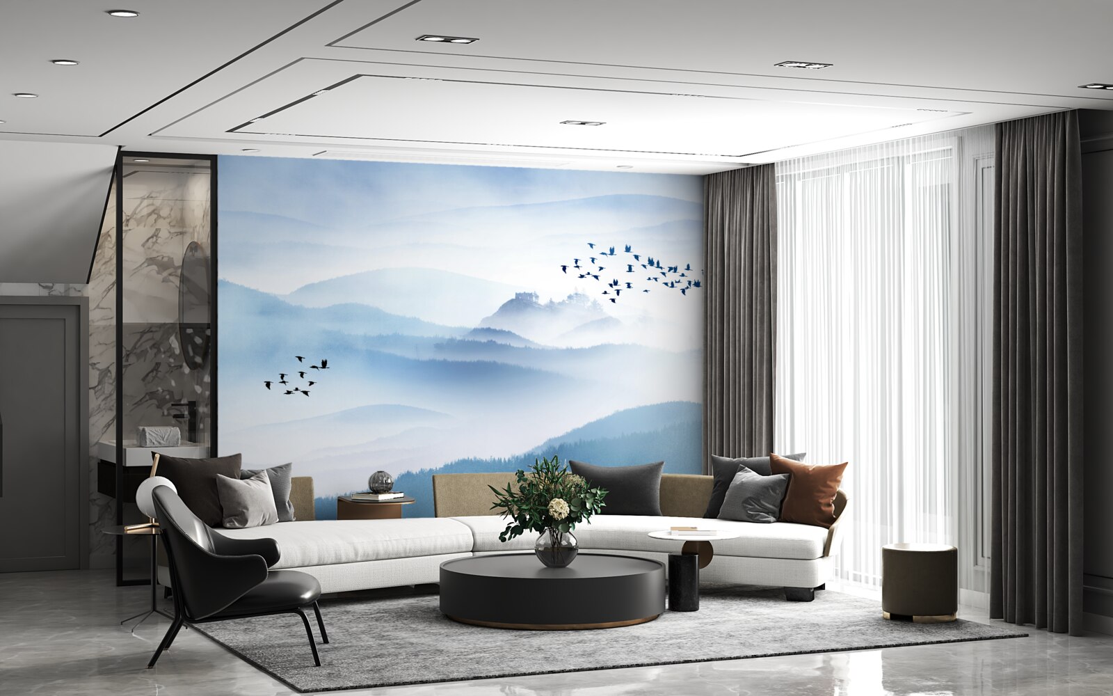 Fototapet grupuri de păsări se ridică deasupra vârfurilor cețoase