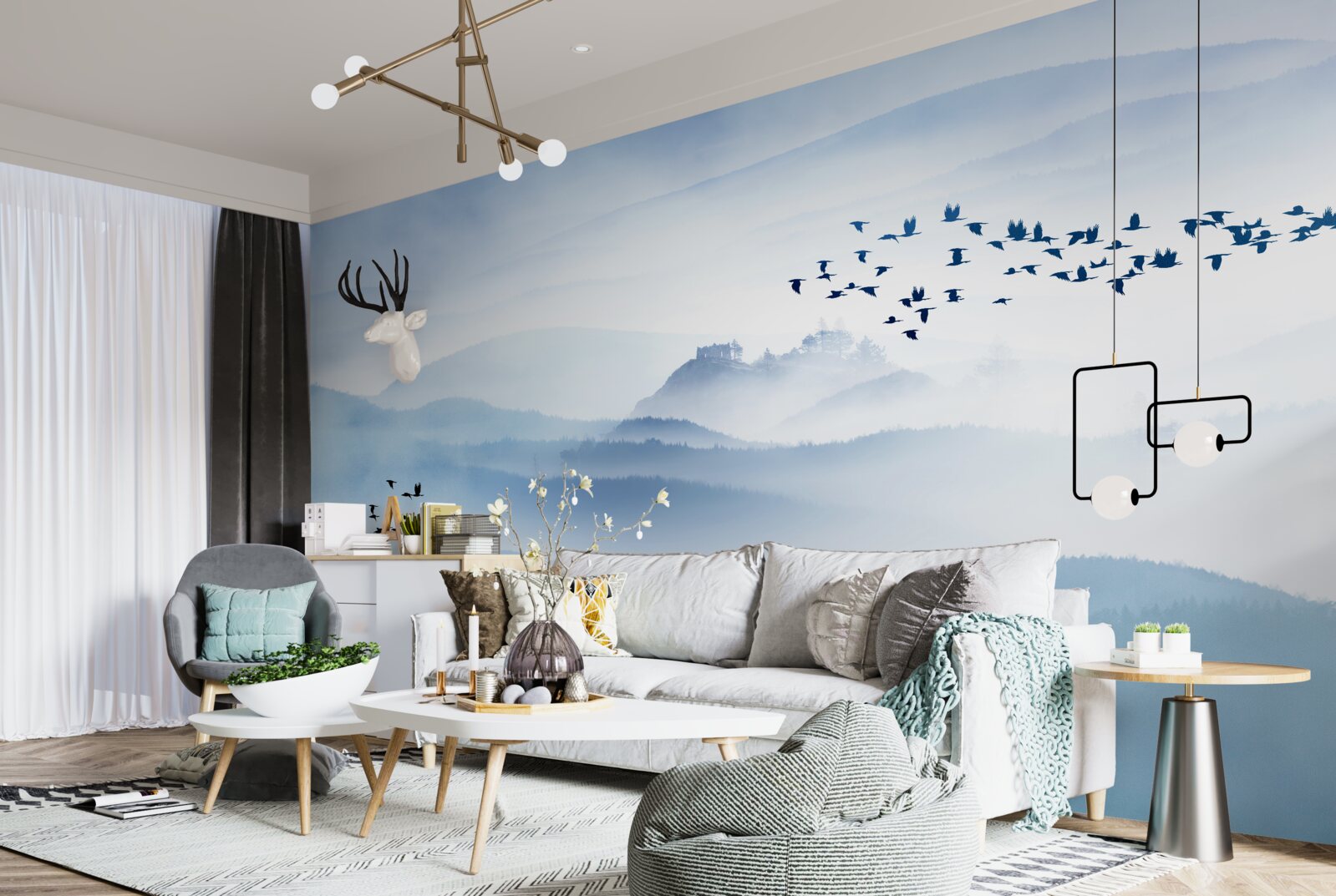 Fototapet grupuri de păsări se ridică deasupra vârfurilor cețoase