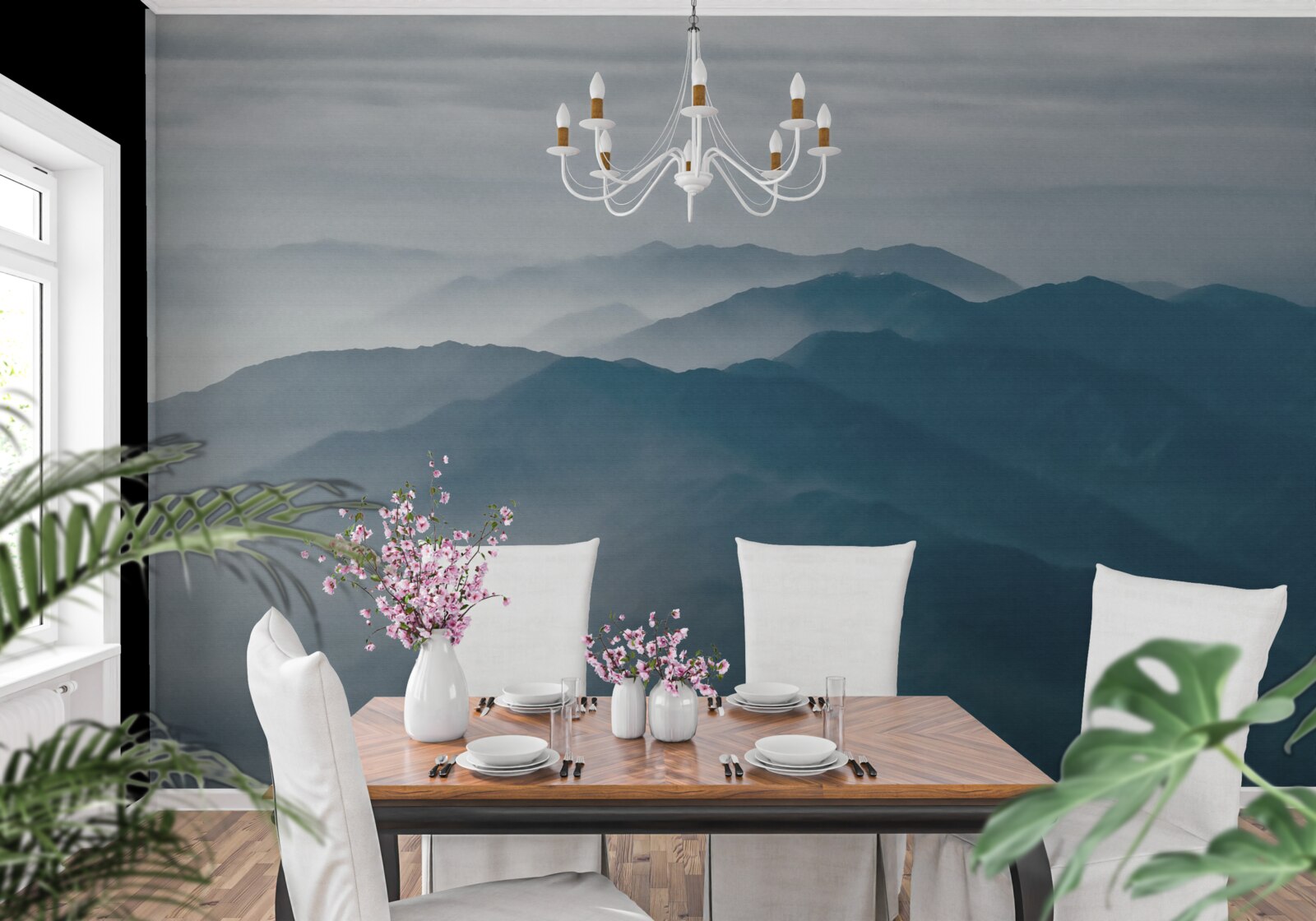 Fototapet ceața dimineții învăluie vârfurile munților