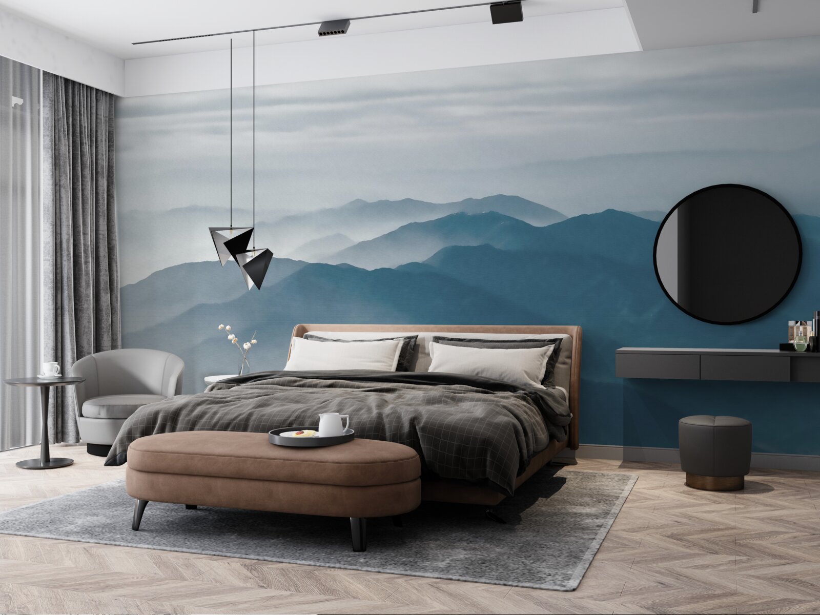 Fototapet ceața dimineții învăluie vârfurile munților