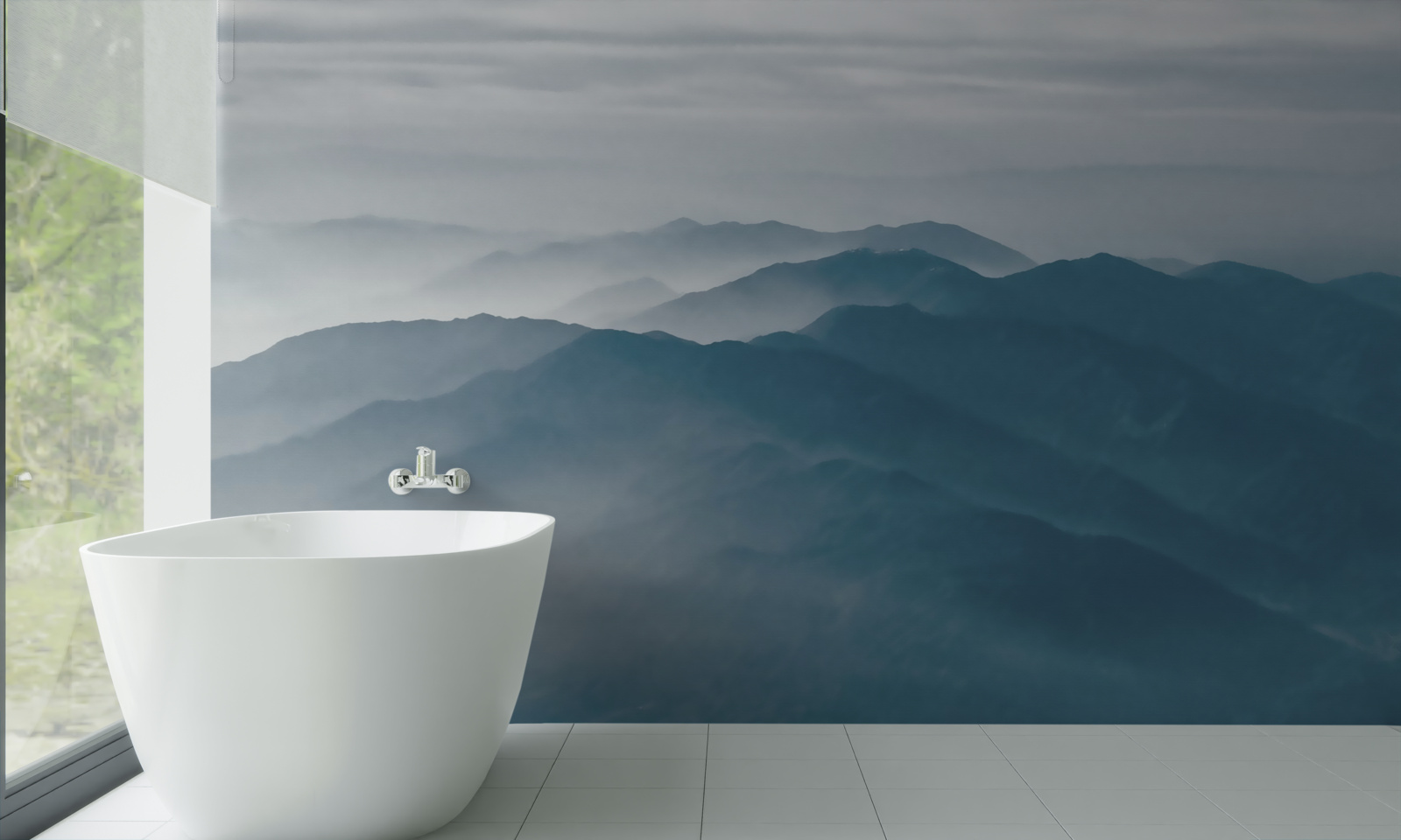 Fototapet ceața dimineții învăluie vârfurile munților