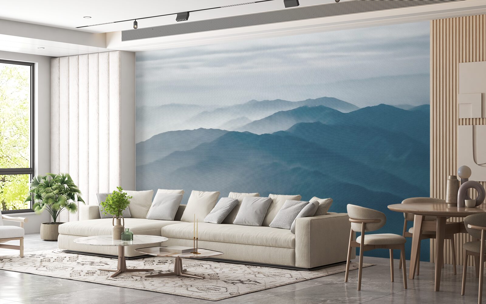 Fototapet ceața dimineții învăluie vârfurile munților