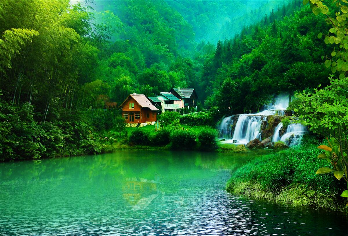 Fototapet o cascadă liniștită lângă o casă pe malul lacului