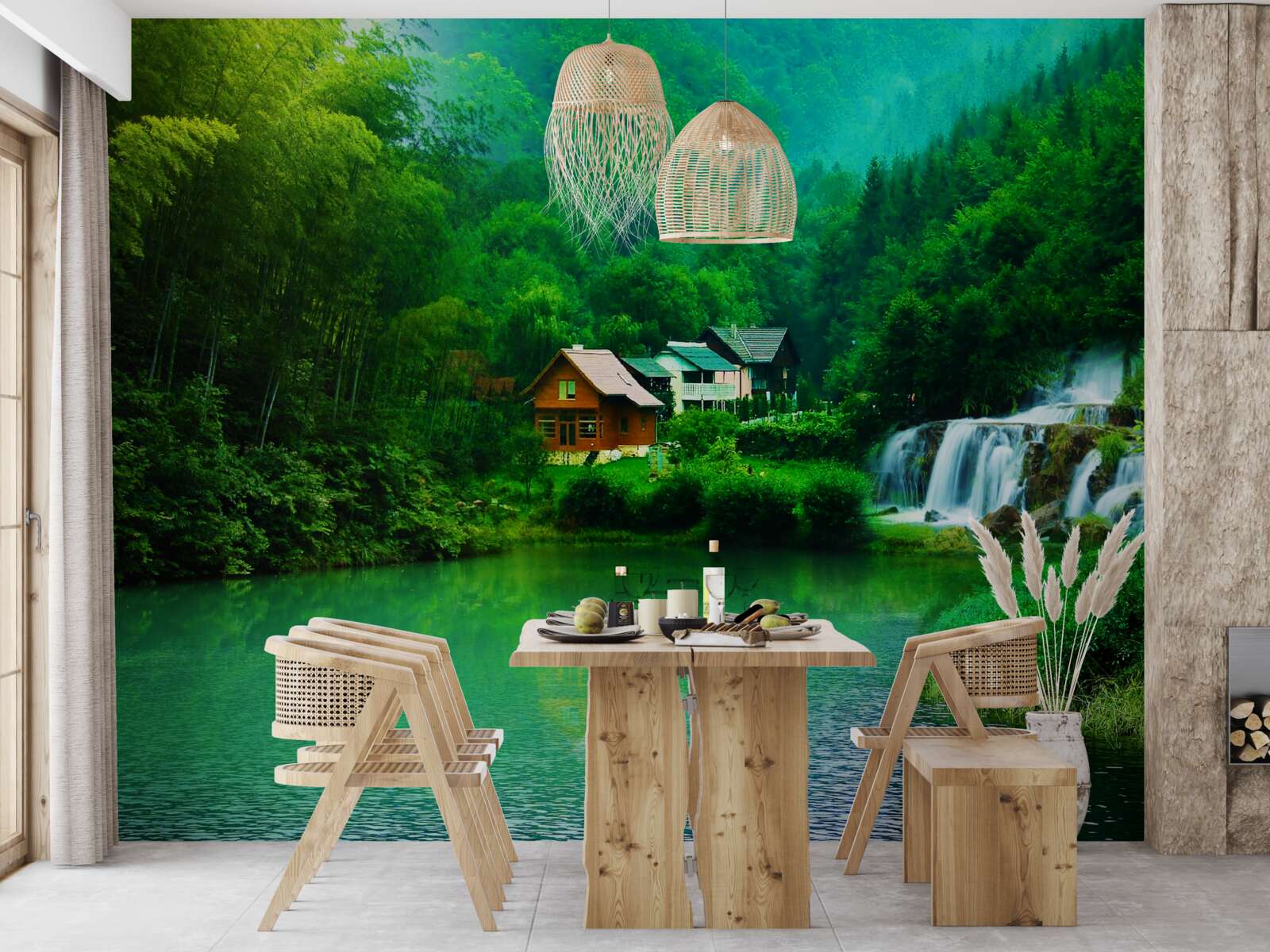 Fototapet o cascadă liniștită lângă o casă pe malul lacului