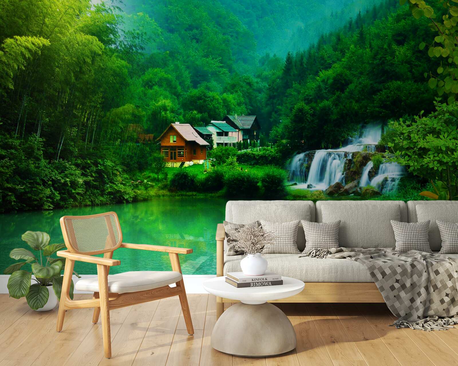 Fototapet o cascadă liniștită lângă o casă pe malul lacului