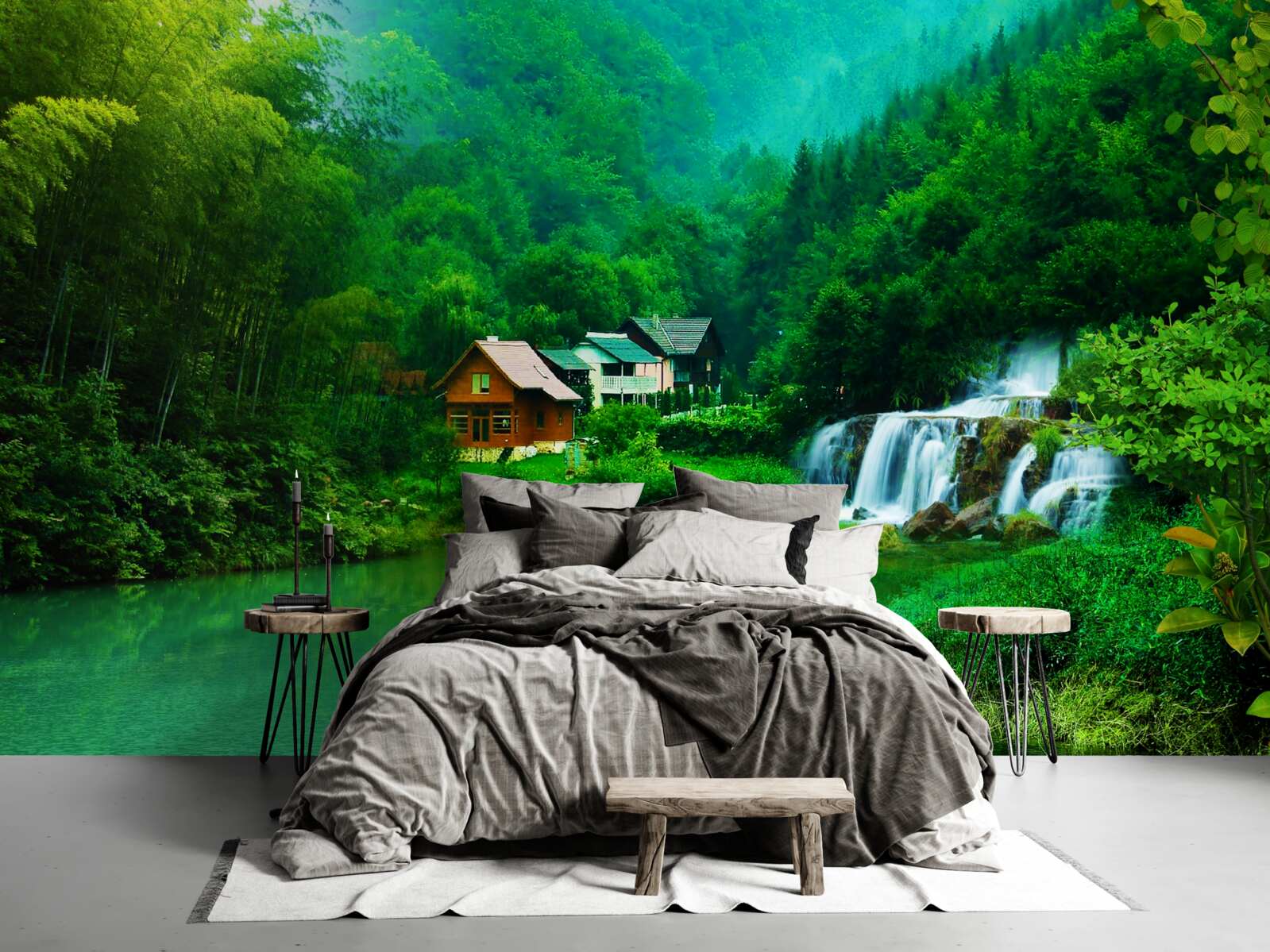 Fototapet o cascadă liniștită lângă o casă pe malul lacului
