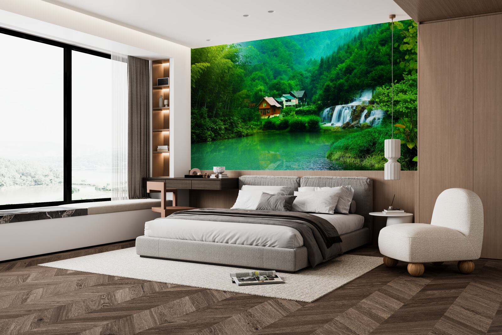 Fototapet o cascadă liniștită lângă o casă pe malul lacului