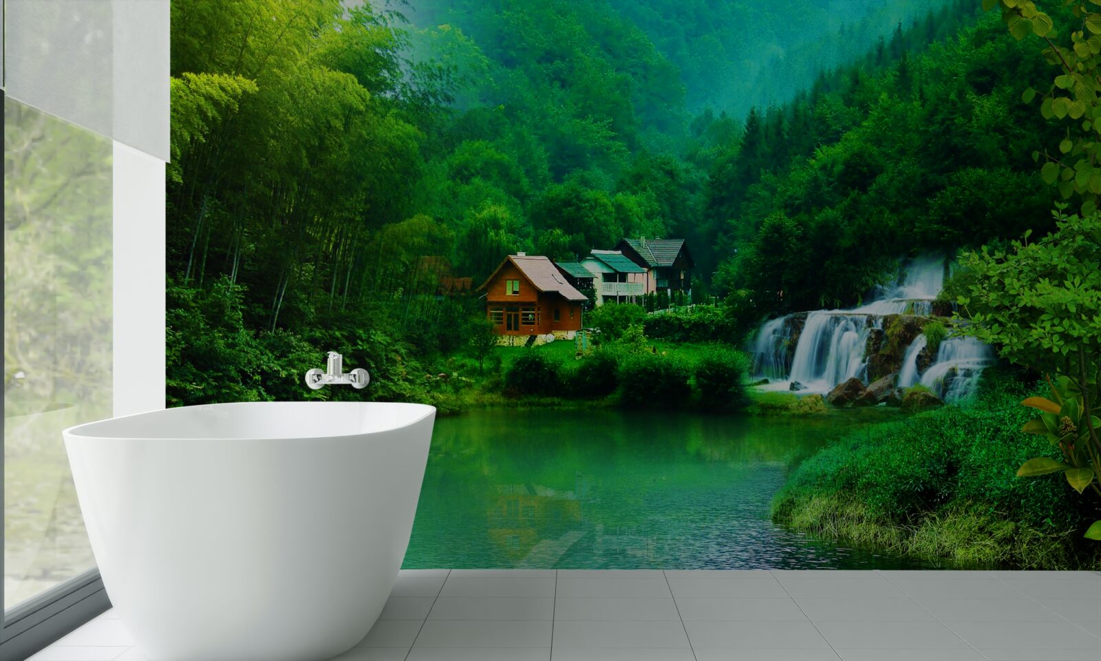 Fototapet o cascadă liniștită lângă o casă pe malul lacului