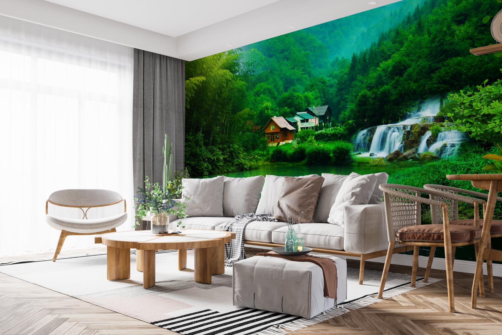 Fototapet o cascadă liniștită lângă o casă pe malul lacului