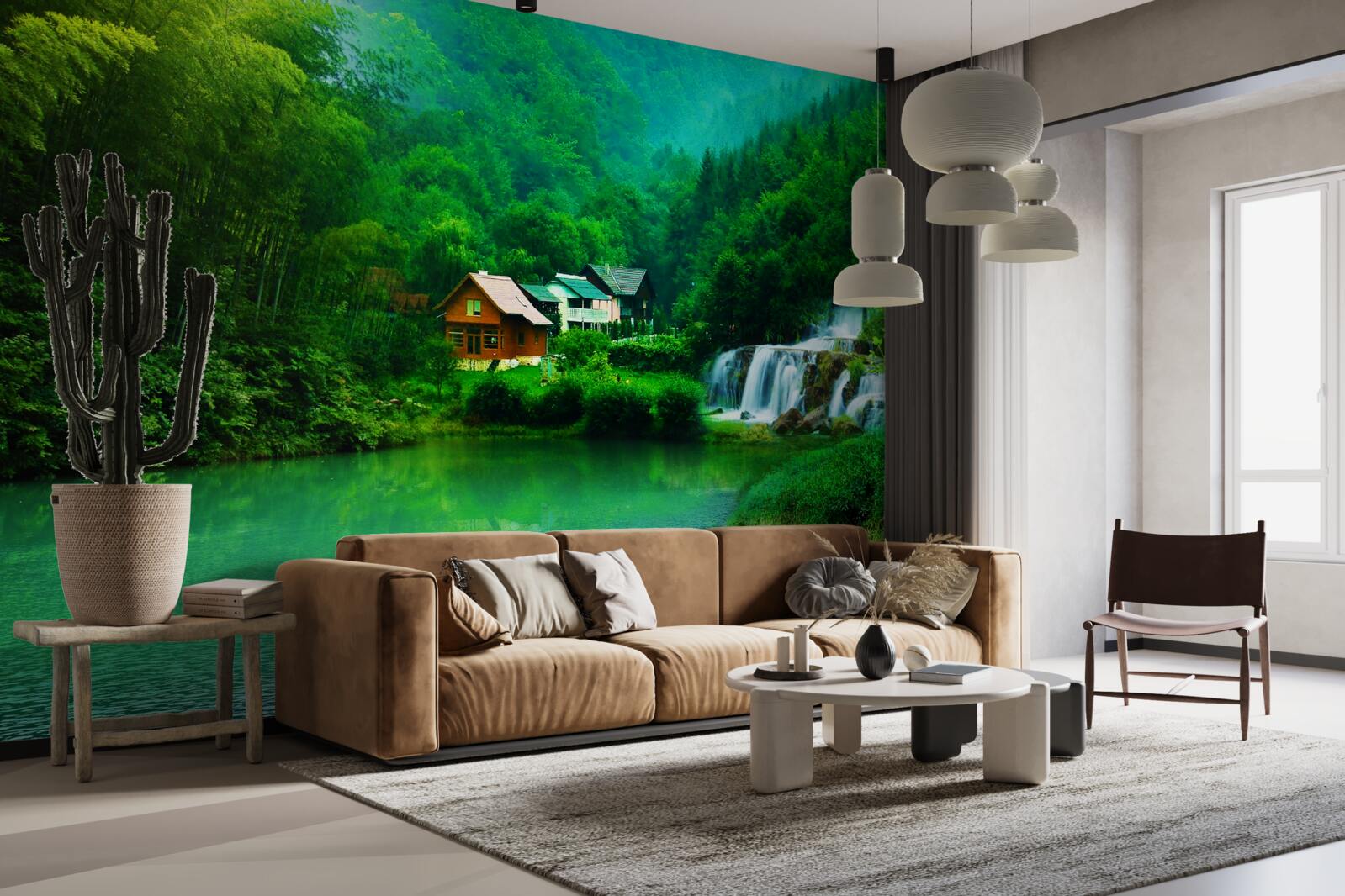 Fototapet o cascadă liniștită lângă o casă pe malul lacului