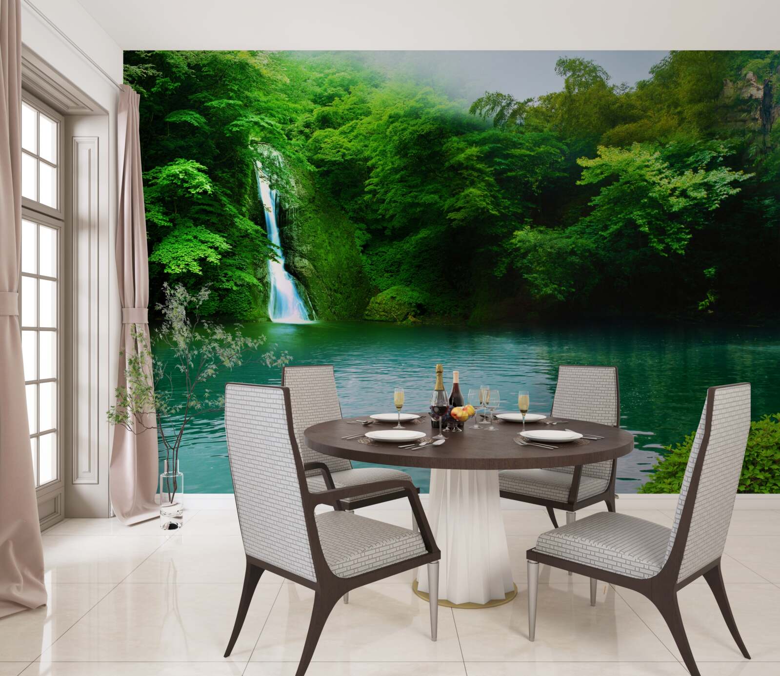 Fototapet cascadă de pădure care curge de pe un munte înalt