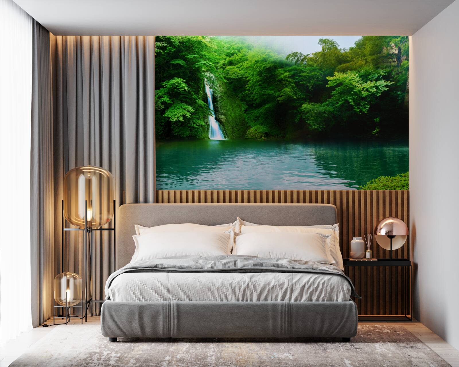 Fototapet cascadă de pădure care curge de pe un munte înalt