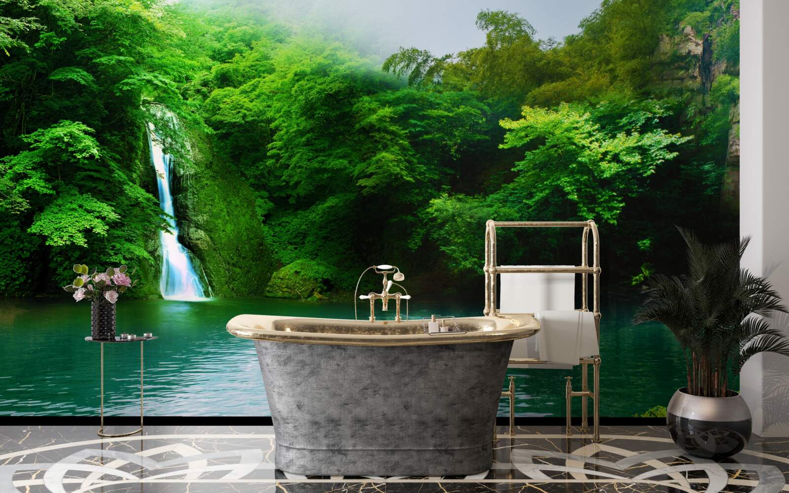 Fototapet cascadă de pădure care curge de pe un munte înalt