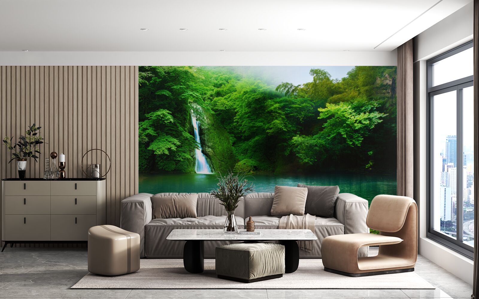 Fototapet cascadă de pădure care curge de pe un munte înalt