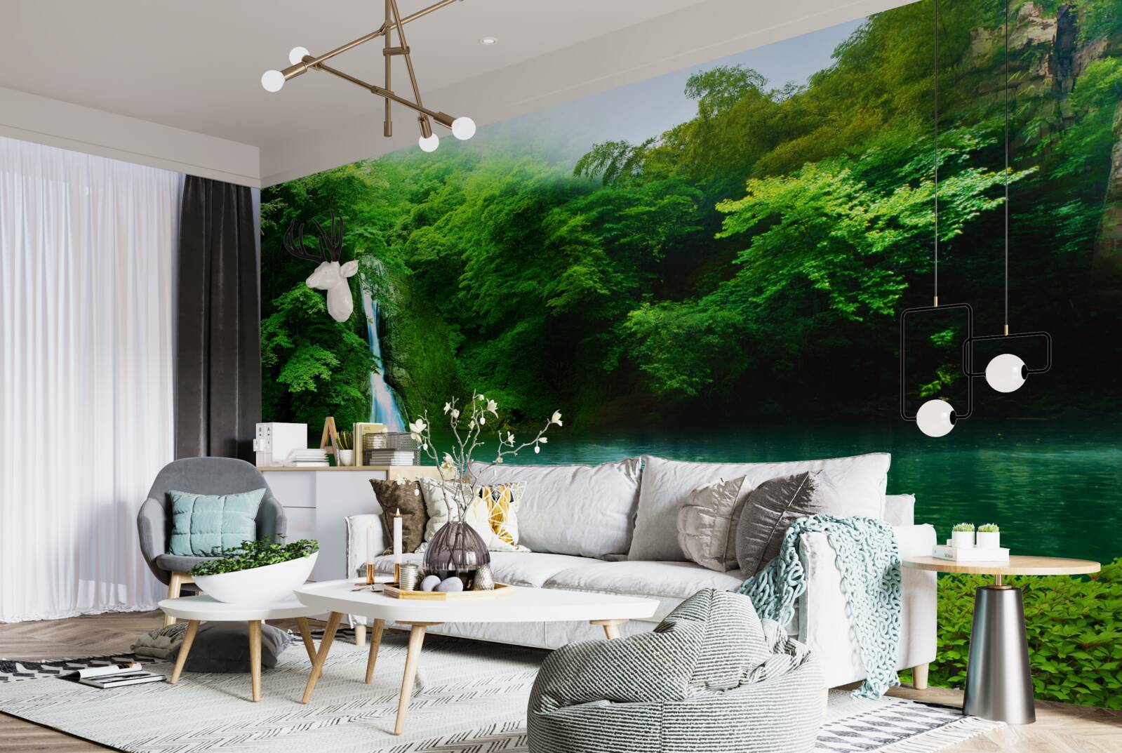 Fototapet cascadă de pădure care curge de pe un munte înalt