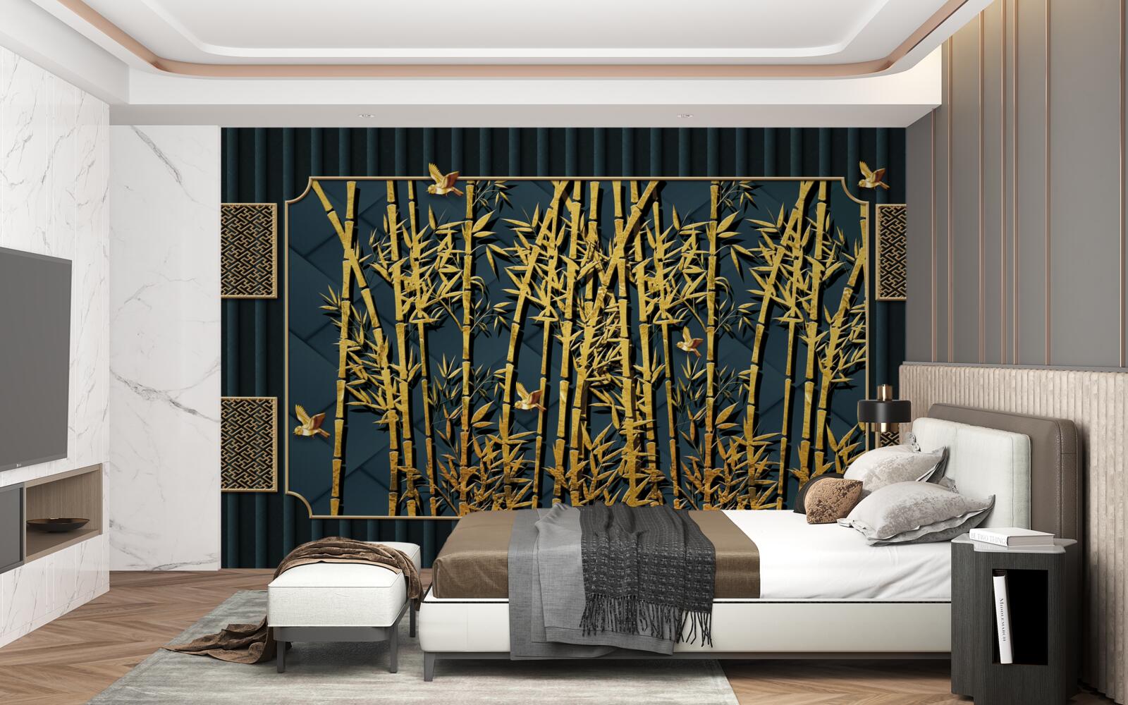 Fototapet pădure de bambus scăldată în aur