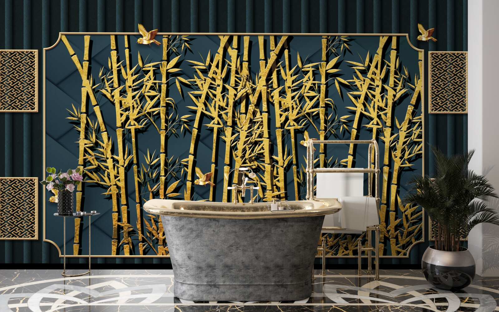 Fototapet pădure de bambus scăldată în aur