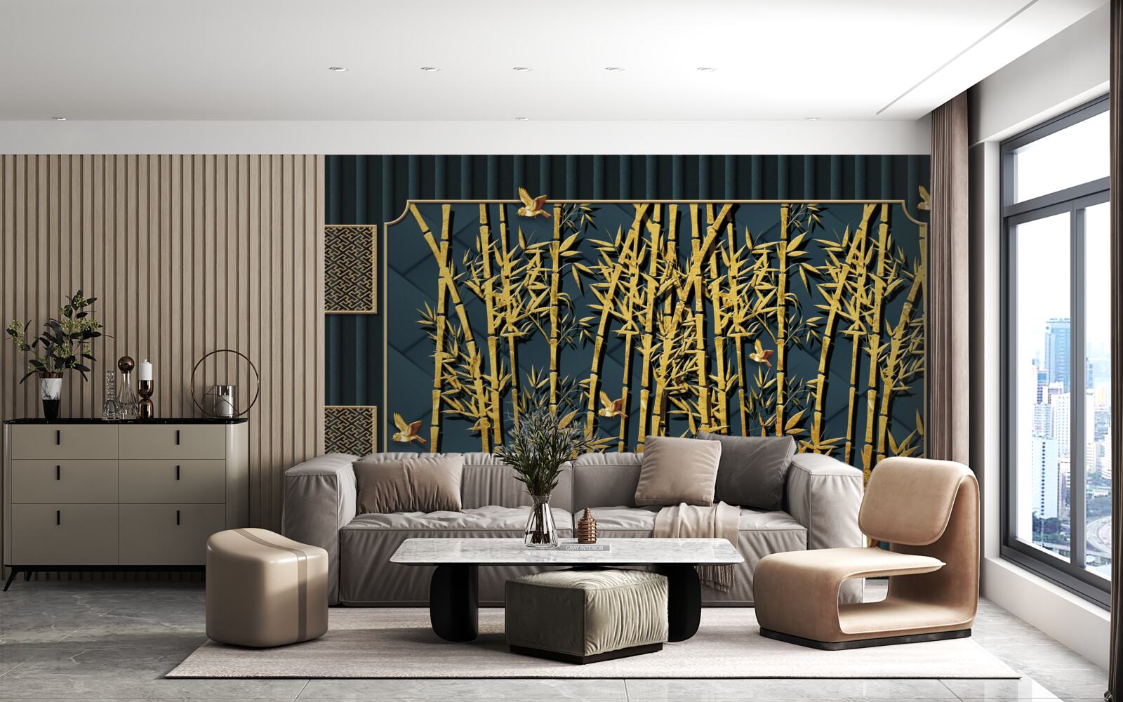 Fototapet pădure de bambus scăldată în aur