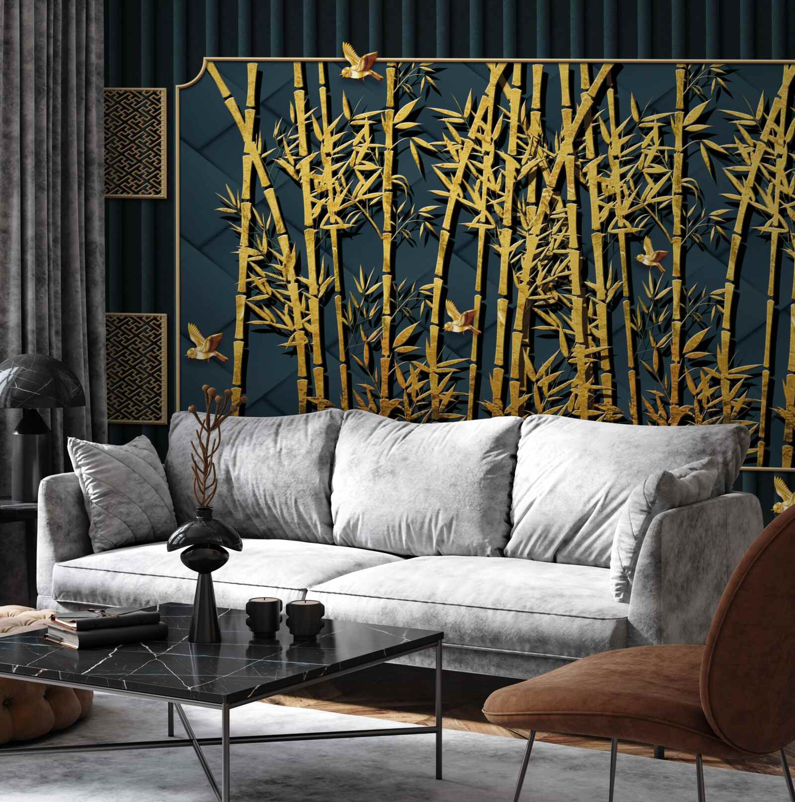 Fototapet pădure de bambus scăldată în aur