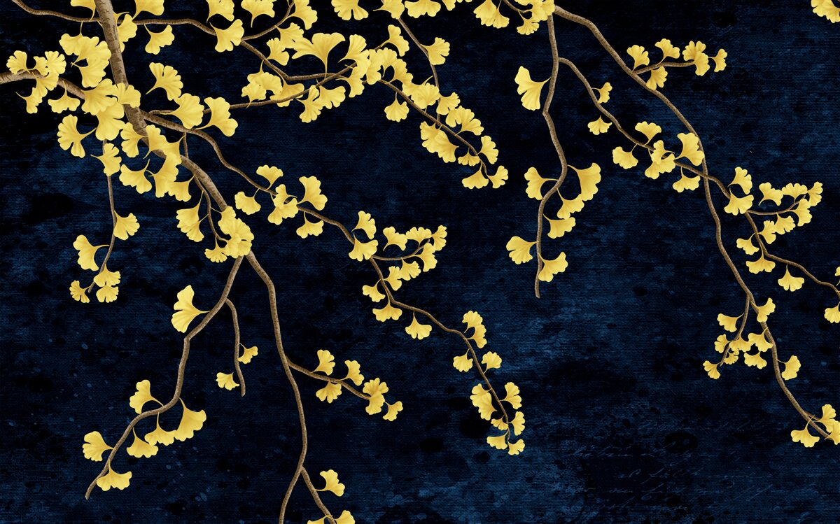 Fototapet ramuri de frunze galbene pe cerul nopții