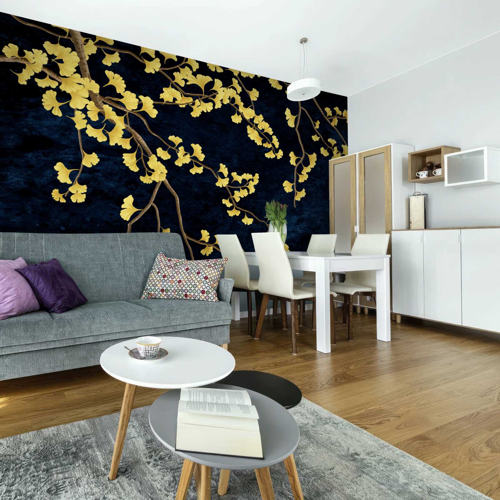 Fototapet ramuri de frunze galbene pe cerul nopții