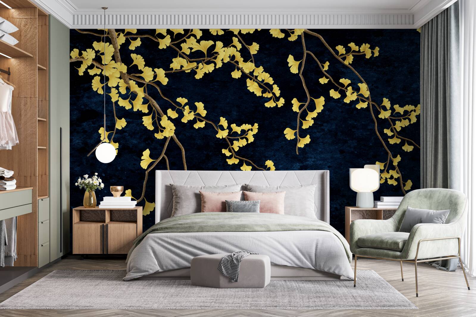 Fototapet ramuri de frunze galbene pe cerul nopții