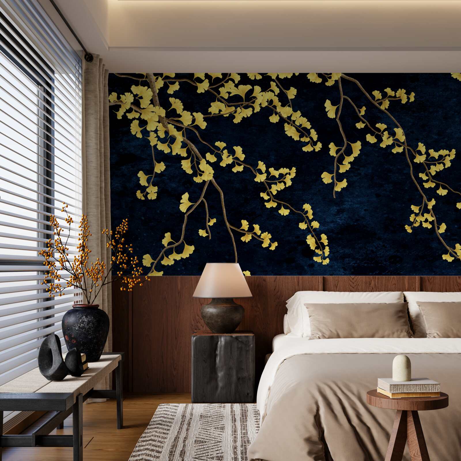 Fototapet ramuri de frunze galbene pe cerul nopții