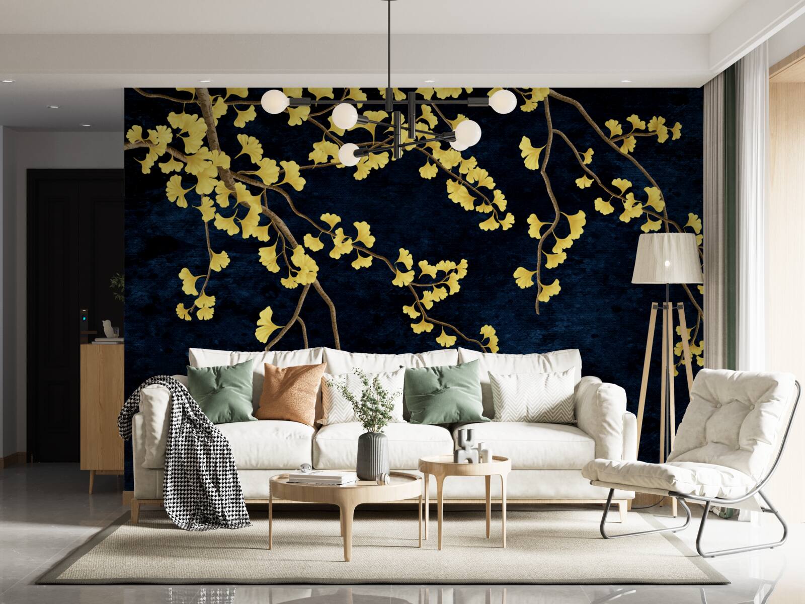 Fototapet ramuri de frunze galbene pe cerul nopții