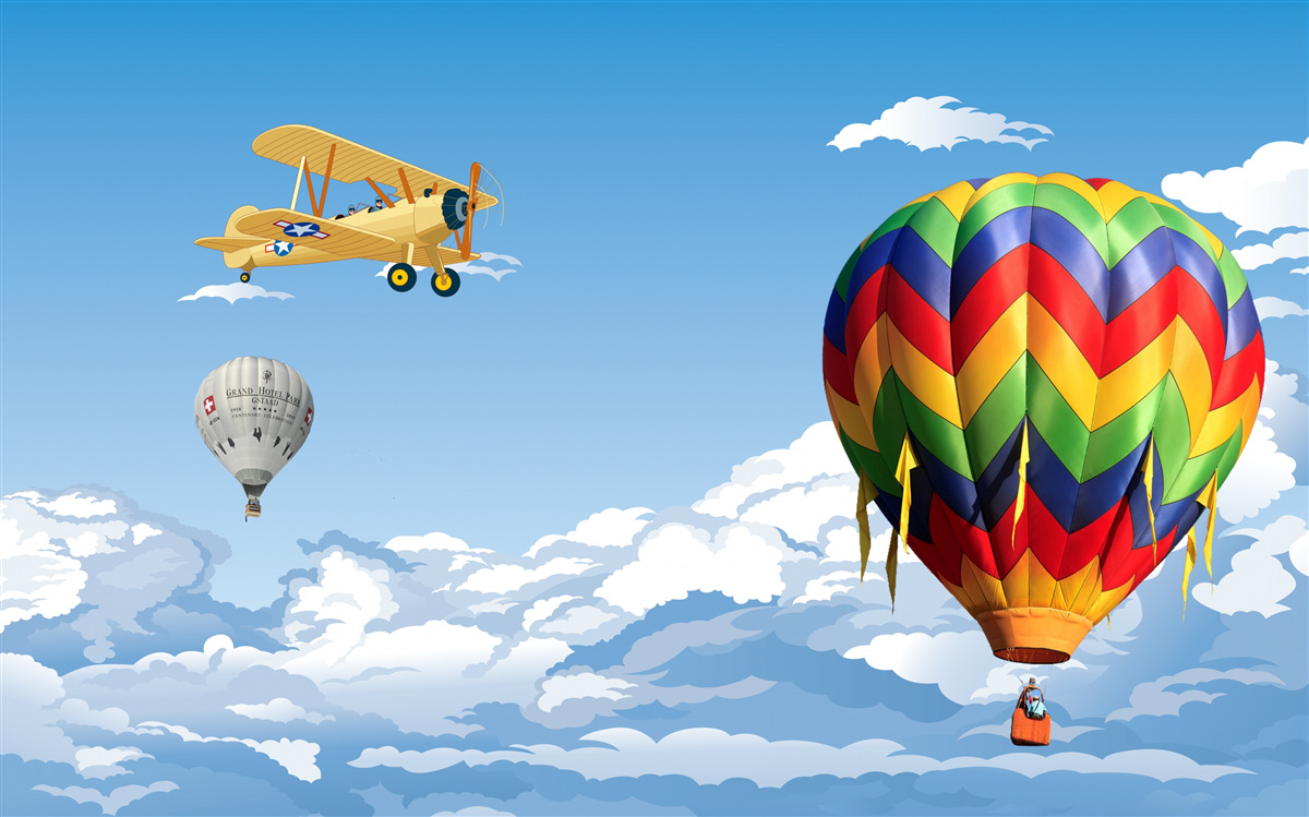 Fototapet călătorii cu balonul cu aer cald și cu avionul