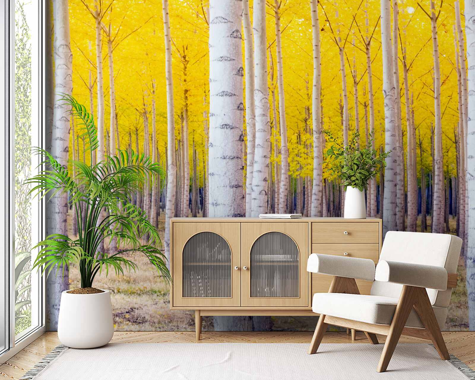 Fototapet culori galbene strălucitoare se aprind în pădurea de mesteceni