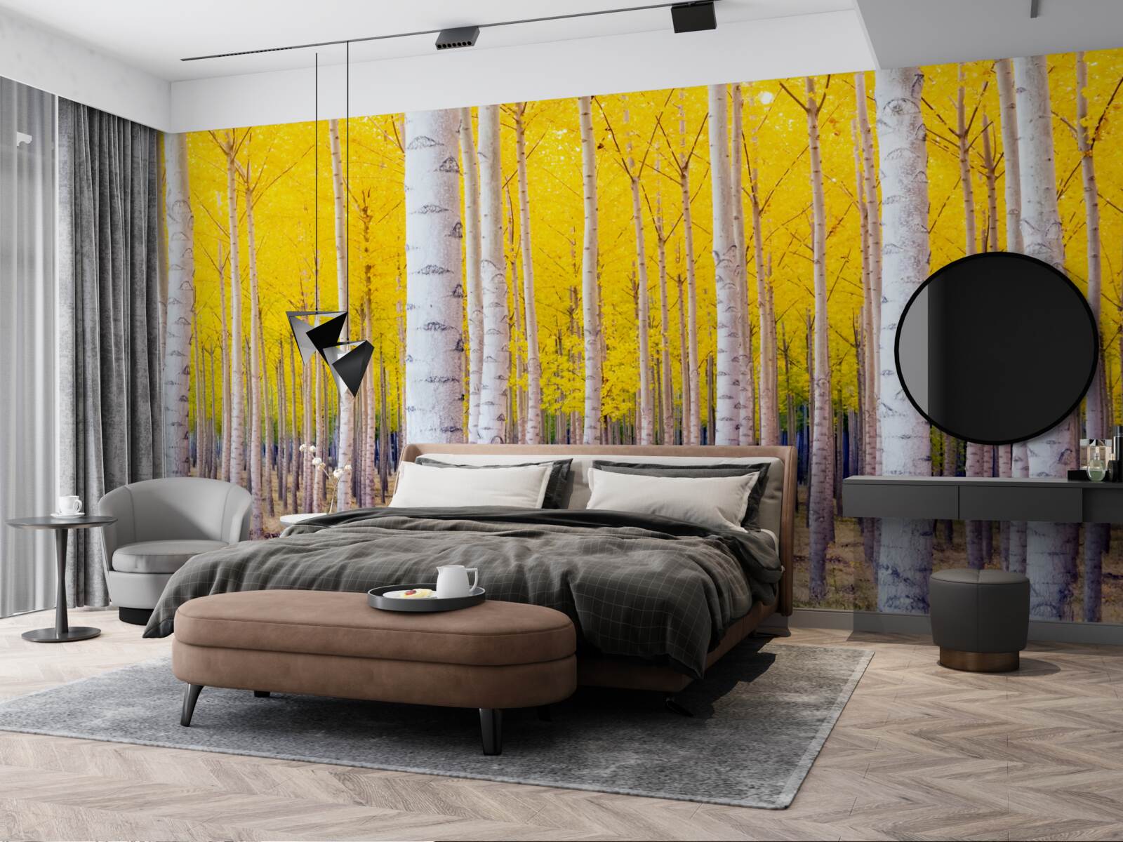 Fototapet culori galbene strălucitoare se aprind în pădurea de mesteceni