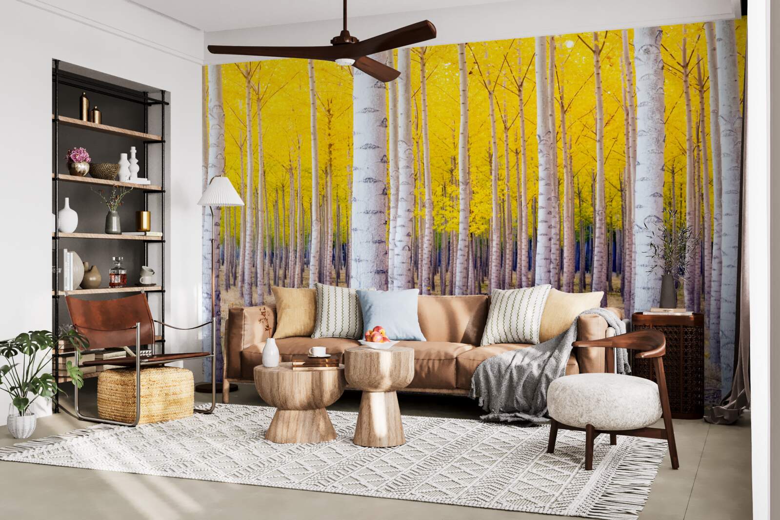 Fototapet culori galbene strălucitoare se aprind în pădurea de mesteceni