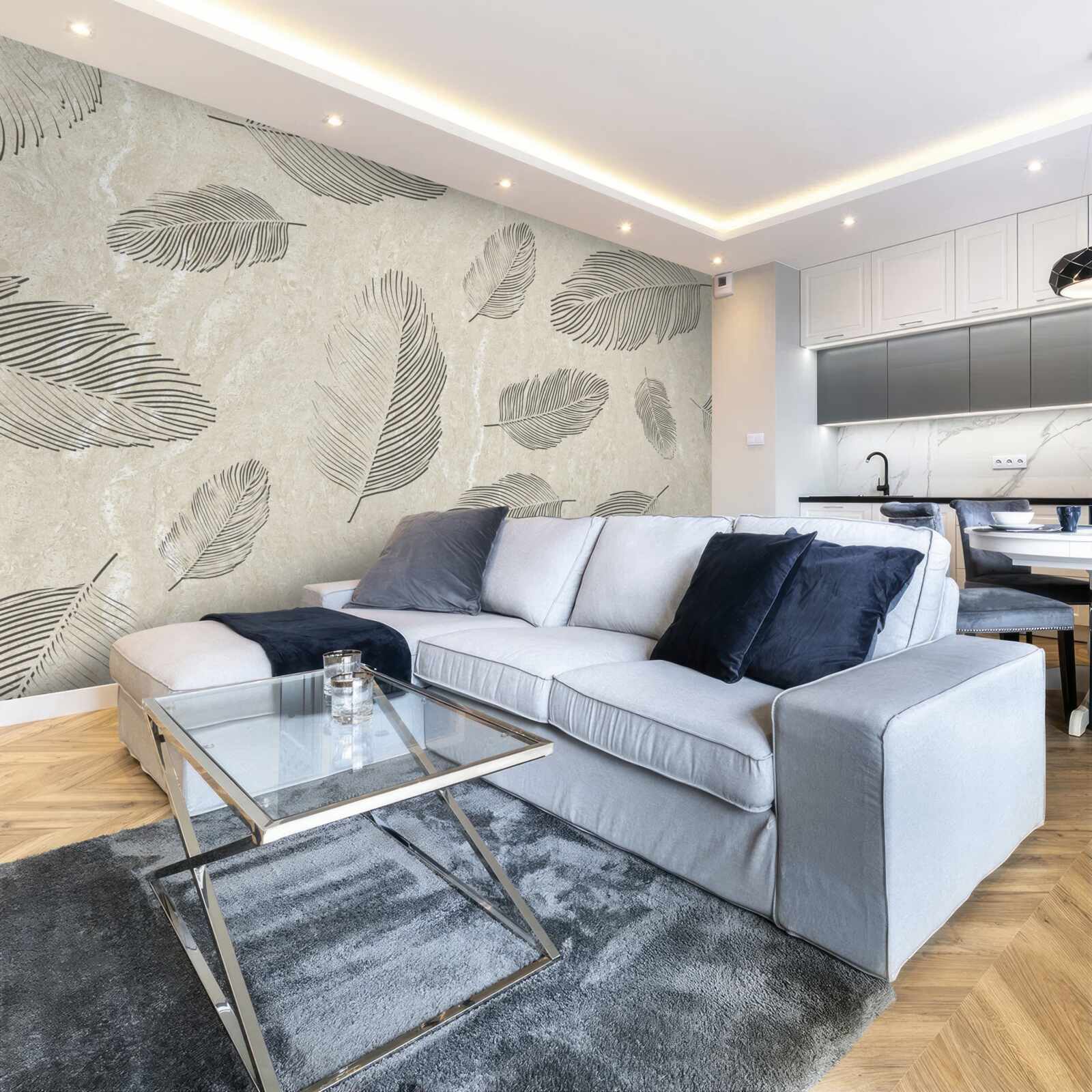 Fototapet fundal deschis decorat cu pene gri