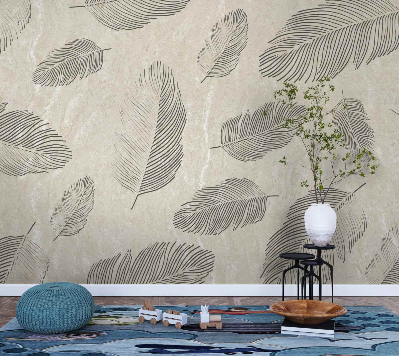 Fototapet fundal deschis decorat cu pene gri