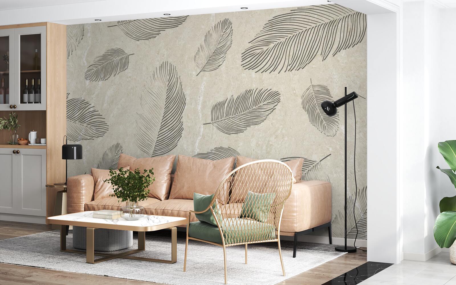 Fototapet fundal deschis decorat cu pene gri