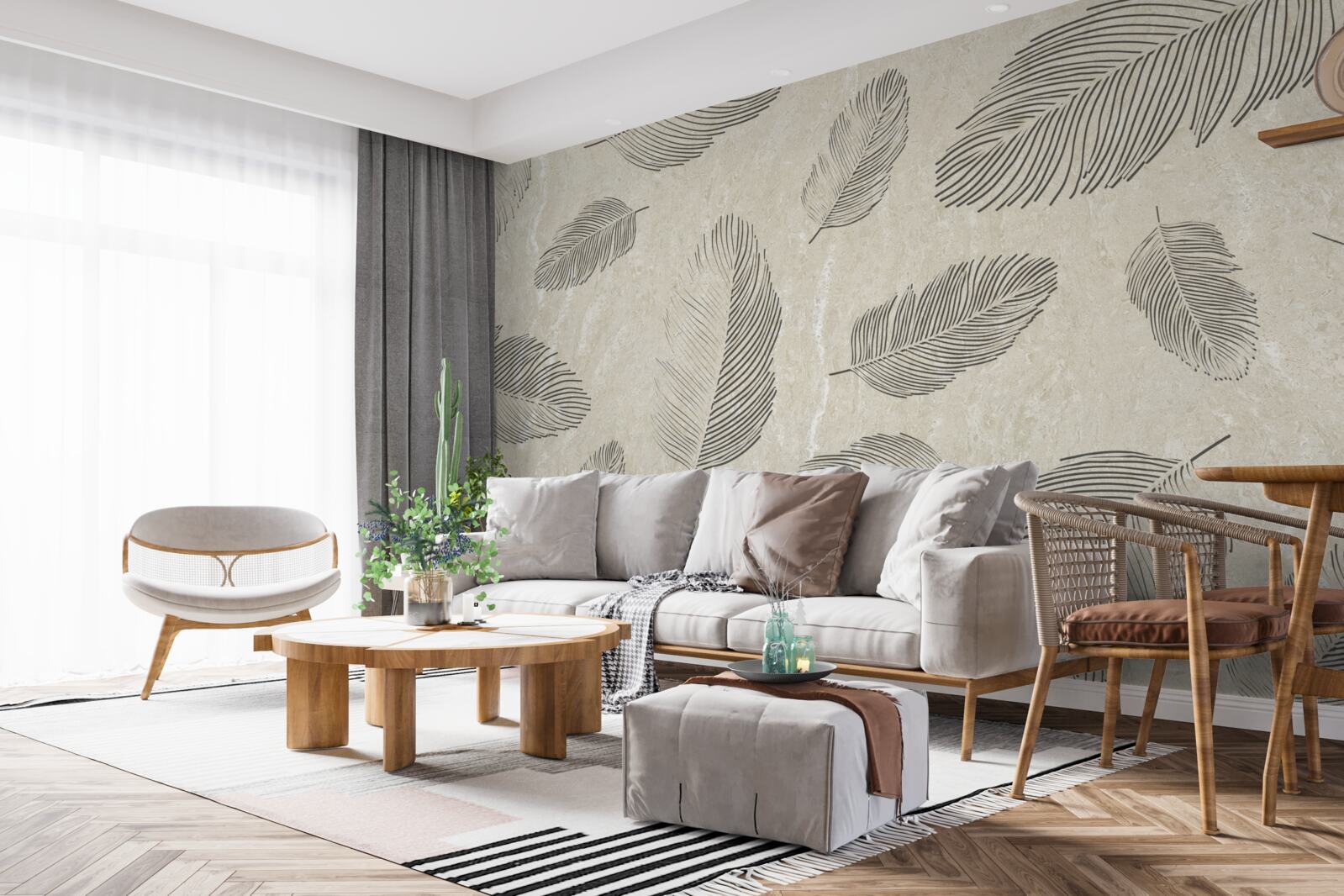 Fototapet fundal deschis decorat cu pene gri