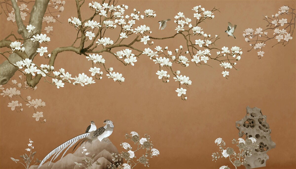 Fototapet flori de cireș și păsări în alb ca zăpada