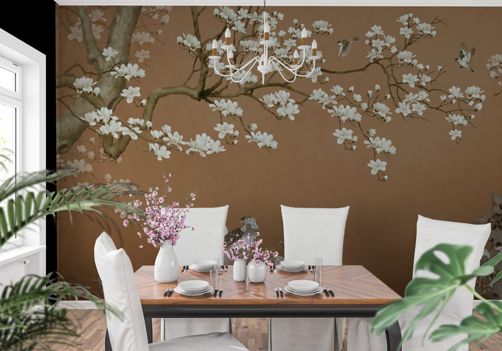 Fototapet flori de cireș și păsări în alb ca zăpada