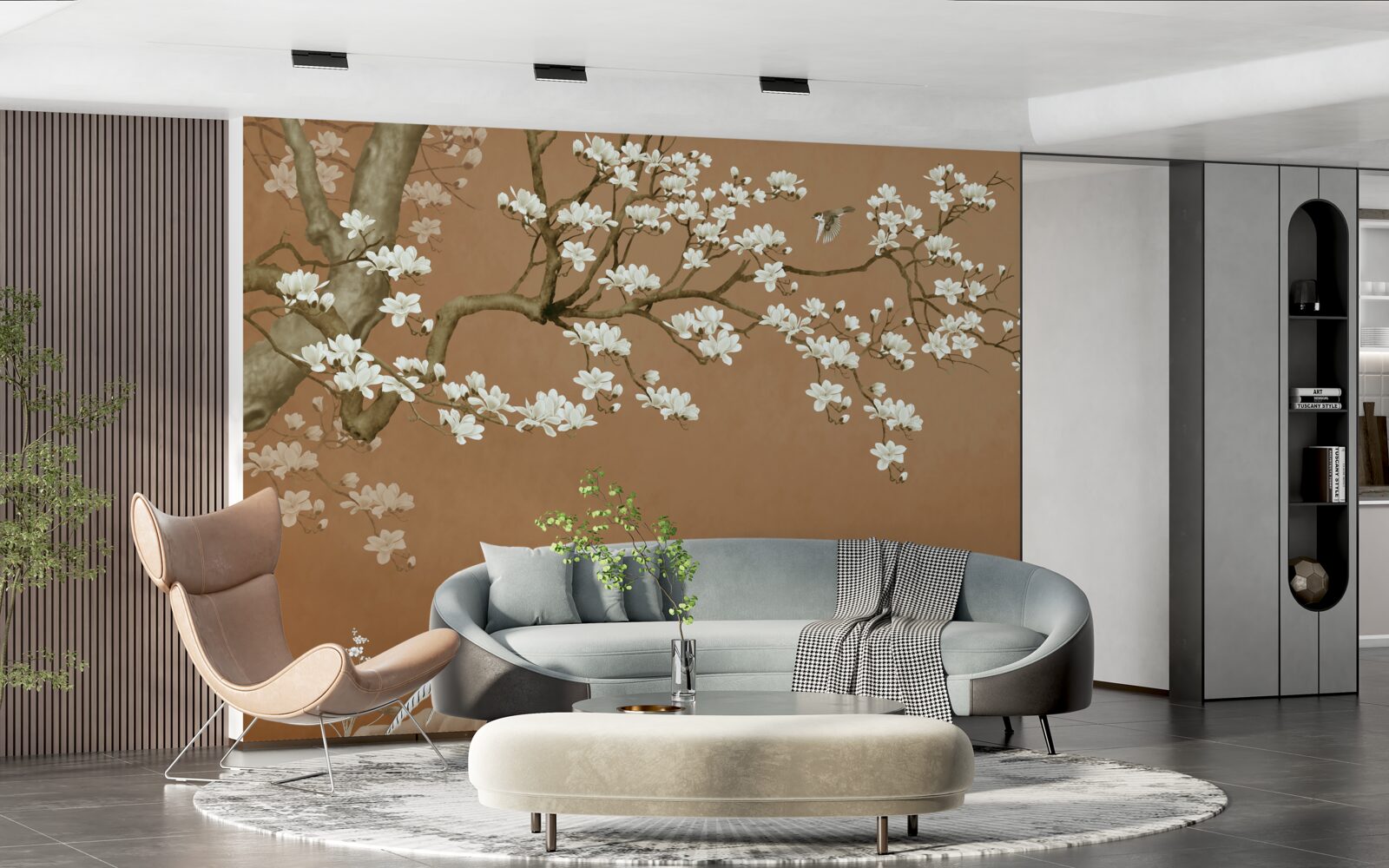 Fototapet flori de cireș și păsări în alb ca zăpada