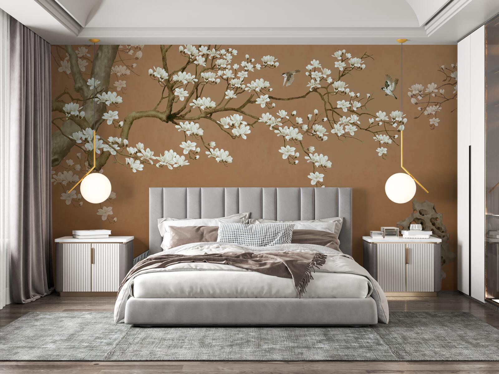 Fototapet flori de cireș și păsări în alb ca zăpada